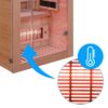 Cossy infrared sauna lower cabin with a close-up of a glowing heater and a temperature icon