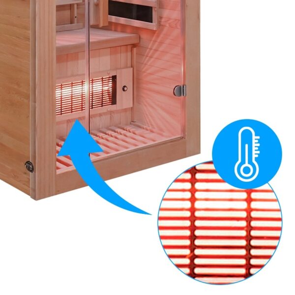 Cossy infrared sauna lower cabin with a close-up of a glowing heater and a temperature icon