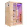 Cossy wooden infrared sauna viewed at an angle, with a glass door, slatted front, illuminated heaters and purple lighting