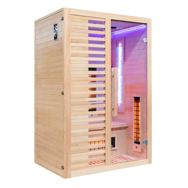 Cossy wooden infrared sauna viewed at an angle, with a glass door, slatted front, illuminated heaters and purple lighting