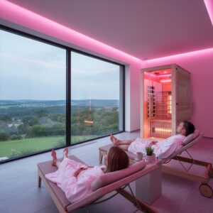 Indoor infrared sauna beside a window with two relaxation loungers