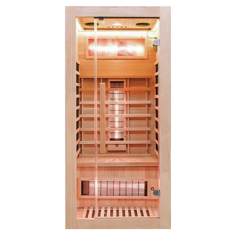 OSHIMA Mini wooden infrared sauna viewed from the front, with a clear glass door, wooden bench, illuminated heaters and salt panel